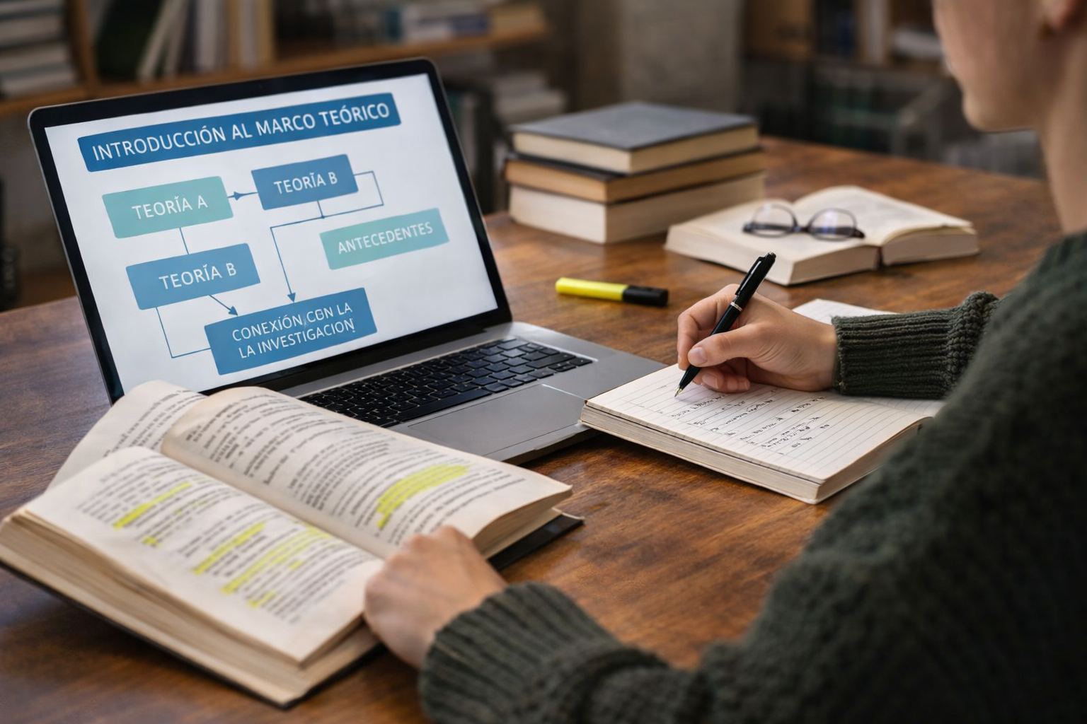 Estudiante organizando fuentes y conceptos para un marco teórico