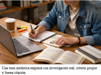Estudiante redactando una tesis con laptop y apuntes