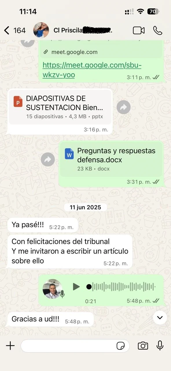 Estudiante comunica que aprobó su defensa con felicitaciones del tribunal